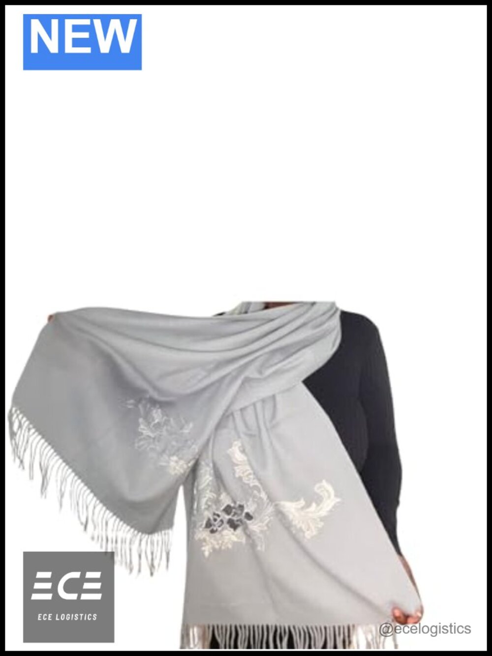 100% Pure Wool Floral Embroidered Shawl Wrap Cold Weather Scarf